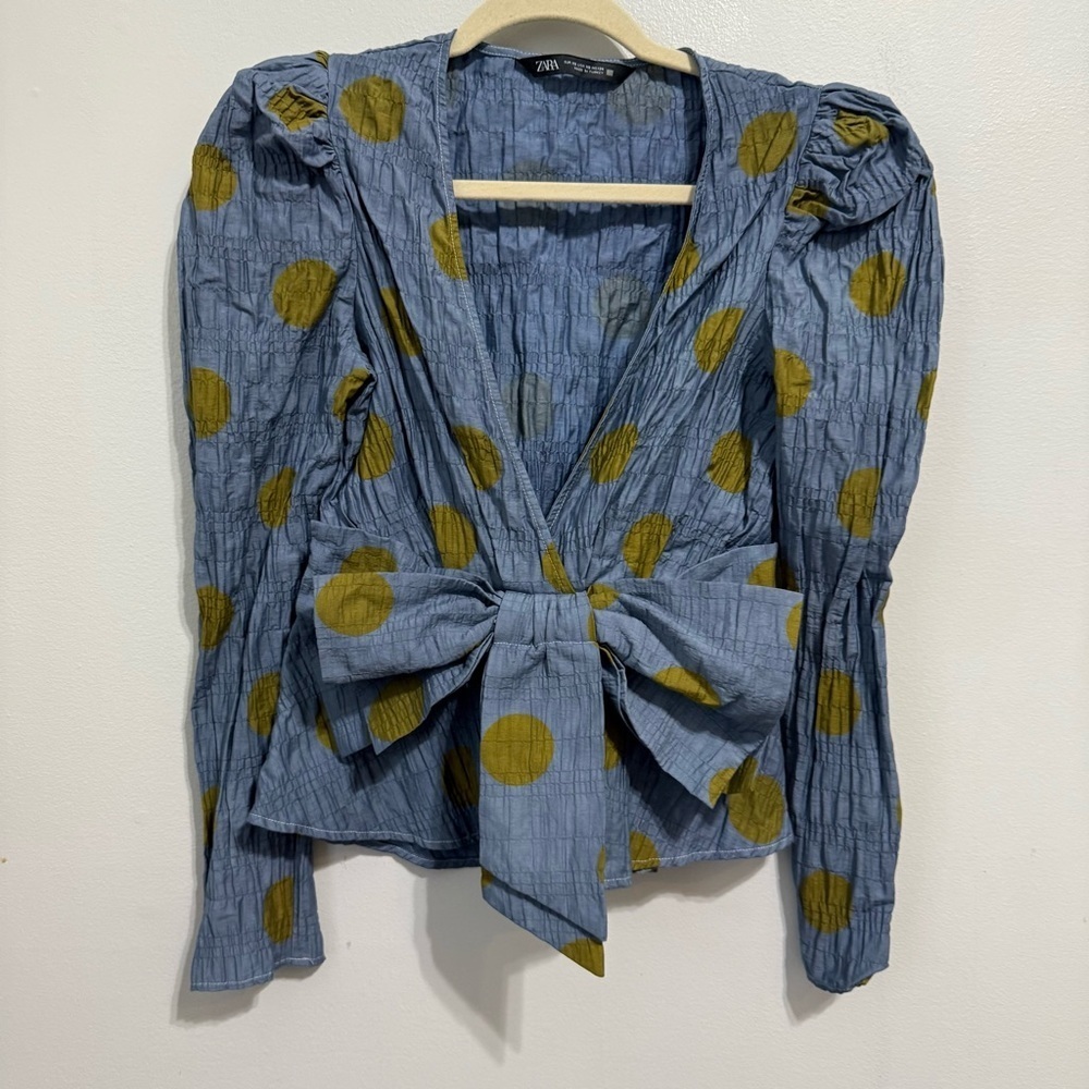 Zara Blue Green Big Spotty Print Bow Long Sleeve Blouse Size XS
